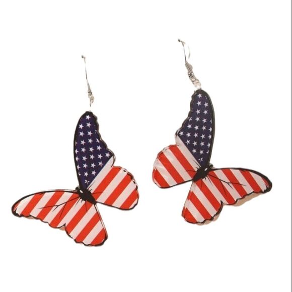 New WOODEN PATRIOTIC BUTTERFLY EARRINGS USA fun whimsical kawaii July 4th - Picture 2 of 6